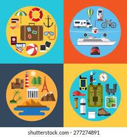 Flat design style icons set of traveling, tourism, hiking. Holidays and vacation. Travel equipment and transport. Tourist attractions. Passenger luggage. Vector illustration