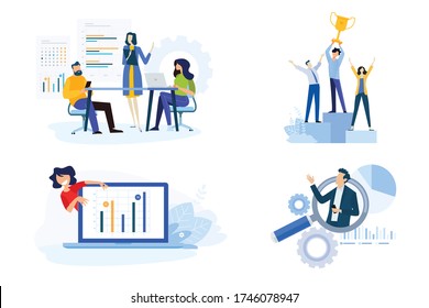 Flat design style illustration of business presentation, market research and data analysis, success. Vector concept for website banner, marketing material, business presentation, online advertising.