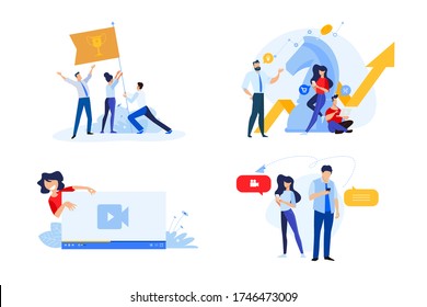 Flat design style illustration of business strategy, teamwork, video streaming, online communication. Vector concept for website banner, marketing material, business presentation, online advertising.