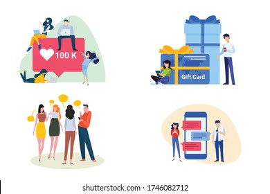 Flat design style illustration of communication, social media, shopping and gift card. Vector concept for website banner, marketing material, business presentation, online advertising.