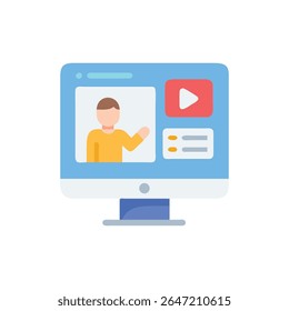 Flat design style illustration of a computer monitor displaying an online video tutorial with a presenter. Simple composition and clean lines.