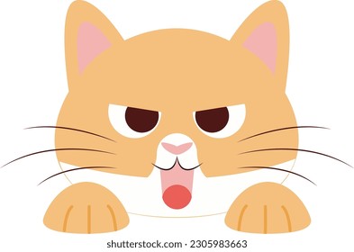 a flat design style illustration depicting a cat with an open mouth angry expression, a cat in orange and white colors, this design can be used as a decorative element and as an emoticon