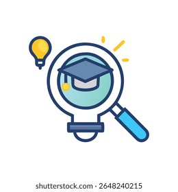 Flat design style illustration depicting a magnifying glass examining a graduation cap with lightbulb, representing educational research. Bright color scheme.