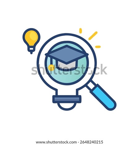 Flat design style illustration depicting a magnifying glass examining a graduation cap with lightbulb, representing educational research. Bright color scheme.