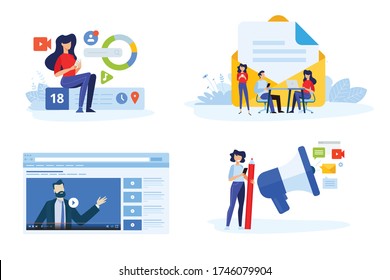 Flat design style illustration of digital marketing, video and email marketing, social media. Vector concept for website banner, marketing material, business presentation, online advertising.