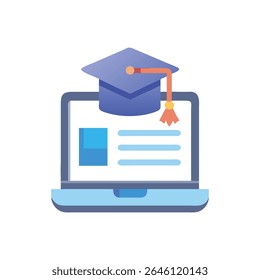 Flat design style illustration featuring a graduation cap on a laptop screen. Represents online education or digital learning concept.