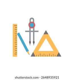 Flat design style illustration featuring geometric tools like a ruler, pencil, and compass on a White Background