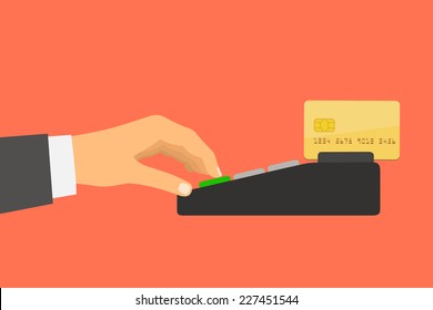 Flat design style illustration. Hand holding a credit card spends in the payment terminal