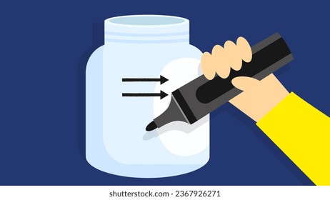 Flat design style illustration of hand holding a pen and writing in a jar.
