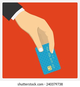 Flat design style illustration. Hand hold credit card to pay. Vector illustration, isolated on red