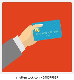 Flat design style illustration. Hand hold credit card to pay. Vector illustration, isolated on red