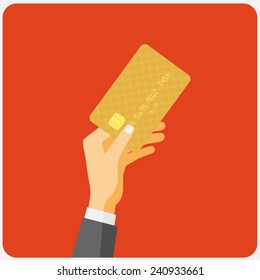 Flat design style illustration. Hand hold credit card to pay. Vector illustration, isolated on red