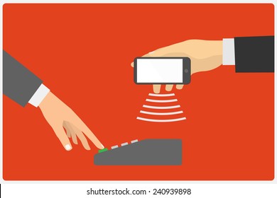 Flat design style illustration. Hand holding a Smartphone spends in the payment terminal