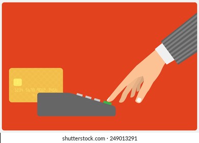 Flat design style illustration. Hand holding a credit card spends in the payment terminal