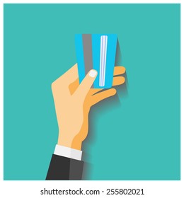 Flat design style illustration. Hand hold credit card to pay