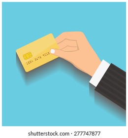 Flat design style illustration. Hand hold credit card to pay. Vector illustration, isolated on blue 