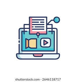 Flat design style illustration of a laptop displaying document and video content. Isolated illustration with simple graphic elements.