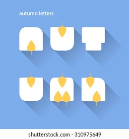 flat design style illustration of letters. Word made in geometrical style with autumn leaves and shadows. Template for your design, print, postcard or personal card. Autumn flat icon and logo