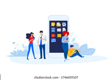 Flat design style illustration of mobile apps and services, social network, m-commerce, communication. Vector concept for website banner, marketing material, business presentation, online advertising.