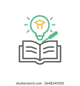 Ilustração em estilo de design plano mostrando um livro aberto sob uma lâmpada. Representa o e-learning e a aquisição de novos conhecimentos e ideias.