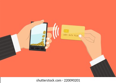 Flat design style illustration. Smartphone with processing of mobile payments from credit card. Communication technology concept. Isolated on red background 
