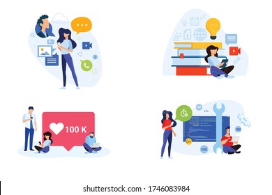 Flat design style illustration of social media, networking, online education, website and app development. Vector concept for web banner, marketing material, business presentation, online advertising.