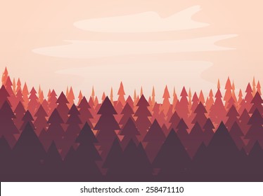 Flat design style illustration of a sunset forest scene