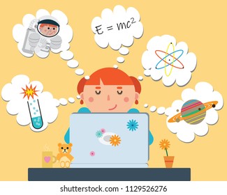 Flat design style illustration of a young girl at her laptop thinking about a future in science.