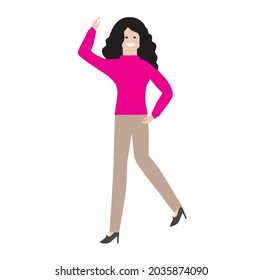 Diseño plano en el estilo de la ilustración. Una joven camina y sonríe aislada en un fondo blanco.