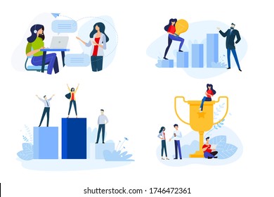 Flat design style illustrations of business success, online support. Vector concepts for website banner, marketing material, business presentation, online advertising.