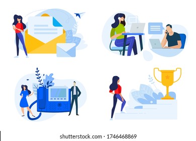 Flat design style illustrations of contact, communication, support, award, aim. Vector concepts for website banner, marketing material, business presentation, online advertising.