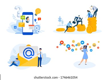 Ilustraciones de diseño plano de servicios móviles, email marketing, medios sociales, finanzas y trabajo en equipo. Conceptos vectores para banner web, material de marketing, presentación de negocios, publicidad en línea.