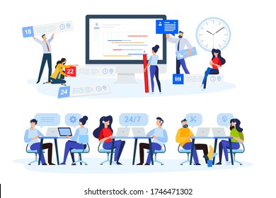 Flat design style illustrations of task management, online support, call center. Vector concepts for website banner, marketing material, business presentation, online advertising.