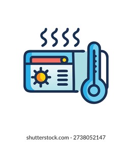 Flat design style image of a climate control system with thermometer. Depicts temperature regulation, engineering and cooling.