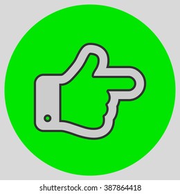 Flat design style. The index finger pointing right. Forefinger pointing to right. Hand gesture. Style is flat symbol. Silver color.  Green circle  background.
