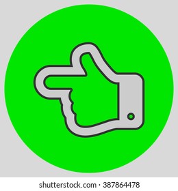 Flat design style. The index finger pointing left. Forefinger pointing to left. Hand gesture. Style is flat symbol. Silver color.  Green circle  background.