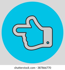 Flat design style. The index finger pointing left. Forefinger pointing to left. Hand gesture. Style is flat symbol. Silver color.  Cyan circle  background.