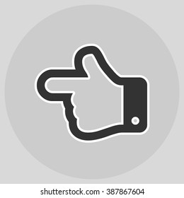 Flat design style. The index finger pointing left. Forefinger pointing to left. Hand gesture. Style is flat symbol. Black color.  Silver circle  background.
