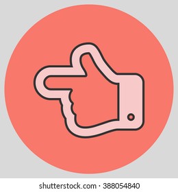 Flat design style. The index finger pointing left. Forefinger pointing to left. Hand gesture. Vector illustration with pantone colors of the year 2016 Rose Quartz and Peach Echo.