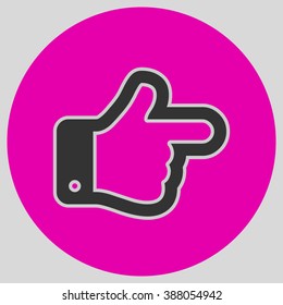 Flat design style. The index finger pointing right. Forefinger pointing to right. Hand gesture. Style is flat symbol. Black color.  Magenta circle  background.
