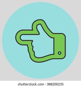 Flat design style. The index finger pointing left. Forefinger pointing to left. Hand gesture. Vector illustration with pantone colors of the year 2016 Green Flash and Limpet Shell.