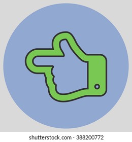 Flat design style. The index finger pointing left. Forefinger pointing to left. Hand gesture. Vector illustration with pantone colors of the year 2016 Green Flash and Serenity.