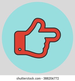 Flat design style. The index finger pointing right. Forefinger pointing to right. Hand gesture. Vector illustration with pantone colors of the year 2016 Fiesta and Limpet Shell.