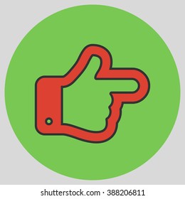 Flat design style. The index finger pointing right. Forefinger pointing to right. Hand gesture. Vector illustration with pantone colors of the year 2016 Fiesta and Green Flash.