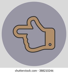 Flat design style. The index finger pointing left. Forefinger pointing to left. Hand gesture. Vector illustration with pantone colors of the year 2016 Iced Coffee and Lilac Grey.