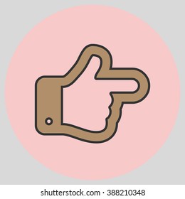 Flat design style. The index finger pointing right. Forefinger pointing to right. Hand gesture. Vector illustration with pantone colors of the year 2016 Iced Coffee and Rose Quartz.
