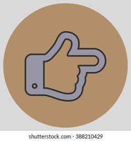 Flat design style. The index finger pointing right. Forefinger pointing to right. Hand gesture. Vector illustration with pantone colors of the year 2016 Lilac Grey and Iced Coffee.