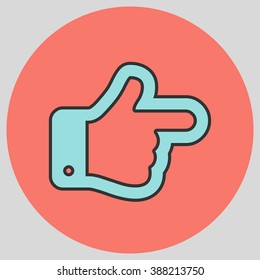 Flat design style. The index finger pointing right. Forefinger pointing to right. Hand gesture. Vector illustration with pantone colors of the year 2016 Limpet Shell and Peach Echo.
