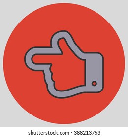 Flat design style. The index finger pointing left. Forefinger pointing to left. Hand gesture. Vector illustration with pantone colors of the year 2016 Lilac Grey and Fiesta.