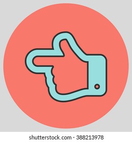 Flat design style. The index finger pointing left. Forefinger pointing to left. Hand gesture. Vector illustration with pantone colors of the year 2016 Limpet Shell and Peach Echo.